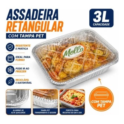 Assadeira Descartável Alumínio Retangular 3 litros + tampa Pet - unidade
