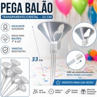 Pega Balão Transparente - Suporte Haste - Ponteira 33 Cm - c/12