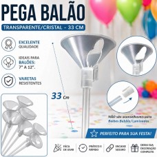 Pega Balão Transparente - Suporte Haste - Ponteira 33 Cm - c/12