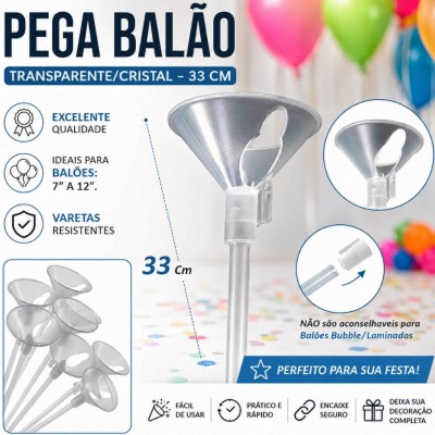 Pega Balão Transparente - Suporte Haste - Ponteira 33 Cm - c/12 Pega Balão Transparente - Suporte Haste - Ponteira 33 Cm - c/12