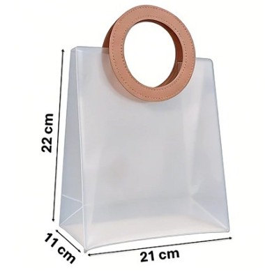 Sacola Transparente Fosca PVC com Alça Redonda de Couro - 22x21x11cm - Su´s