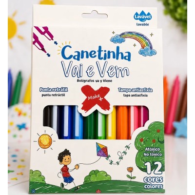 Canetinha Vai E Vem 12 Cores Make+ Ponta Retrátil Lavável