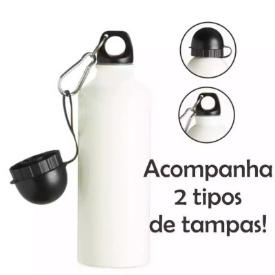 Garrafa Alumínio Branca - 2 Tampa Bolinha e Mosquetão - Sublimação 600ml - ( Squeeze ) X-color Cod: 101
