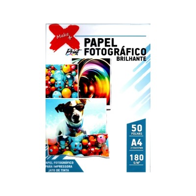 Papel Glossy A4 - 180gr ( Make + ) - Pacote 50 folhas - Fotográfico Brilho 