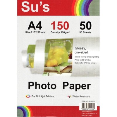 Papel Glossy Fotografico A4 - 150gr ( Su´s ) - Pacote 50 folhas - Brilho 