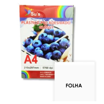 Plastico PVC Adesivo 130g - Branco Brilho - Pacote 5 folhas (Vinil)
